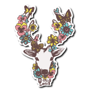 花と蝶とシカ(ピンク)