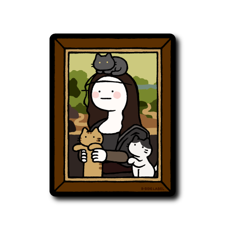 (ネコ企画)真顔絵画黒髪黒服と猫達(照れ顔)