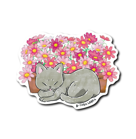 (にゃんポ〜ズ4)猫9月コスモス(灰)