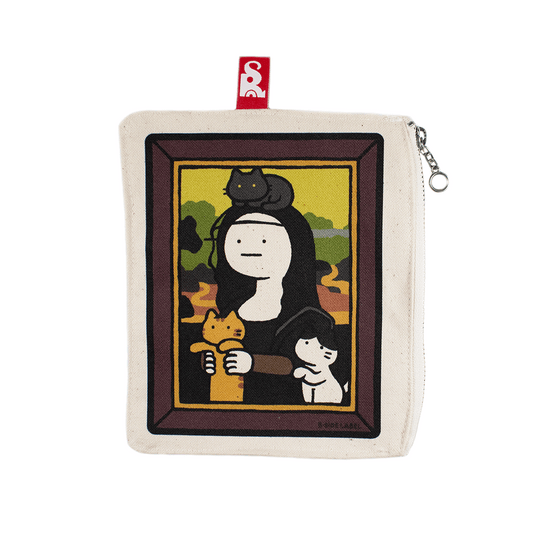 (ネコ企画)真顔絵画黒髪黒服と猫達/ファスナーポーチ